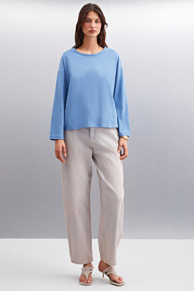 Basil Women's Back Print Detailed Oversize 100% Organic Cotton Knitted Long Sleeve Indigo T-shirt