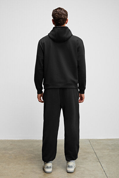 MARSHALLHOODIE Men's Cotton Relaxed Black Tracksuit Set with Fleece Embroidery