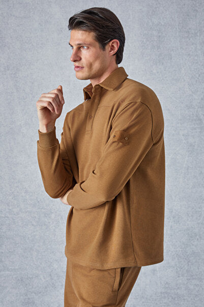 Aatrox Men's Polo Collar Buttoned Long Sleeve Regular Fit Dark Brown Sweatshirt with Embroidery Detail