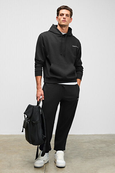MARSHALLHOODIE Men's Cotton Relaxed Black Tracksuit Set with Fleece Embroidery