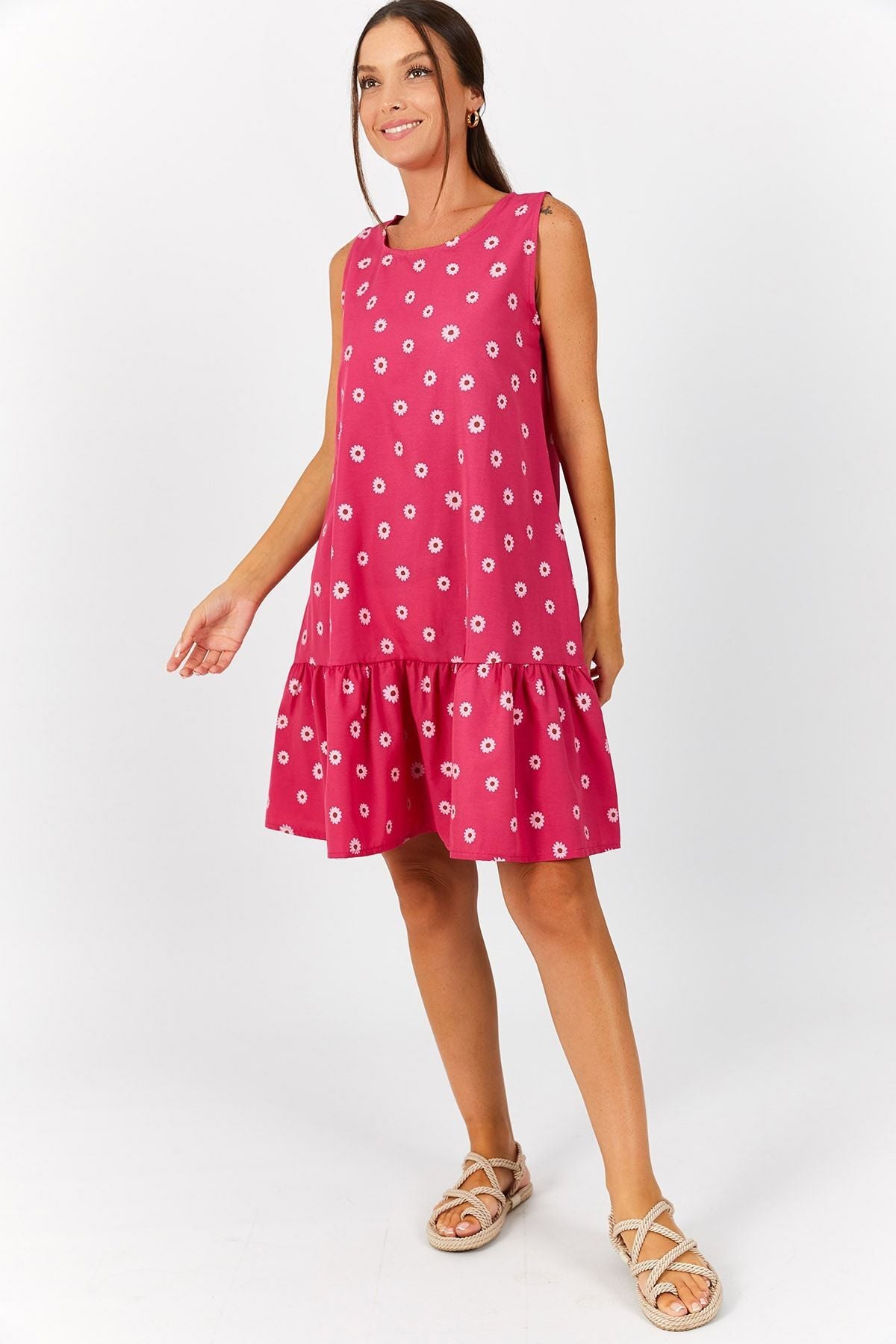 Women's Pink Daisy Pattern Sleeveless Skirt Ruffle Dress ARM-22Y001123