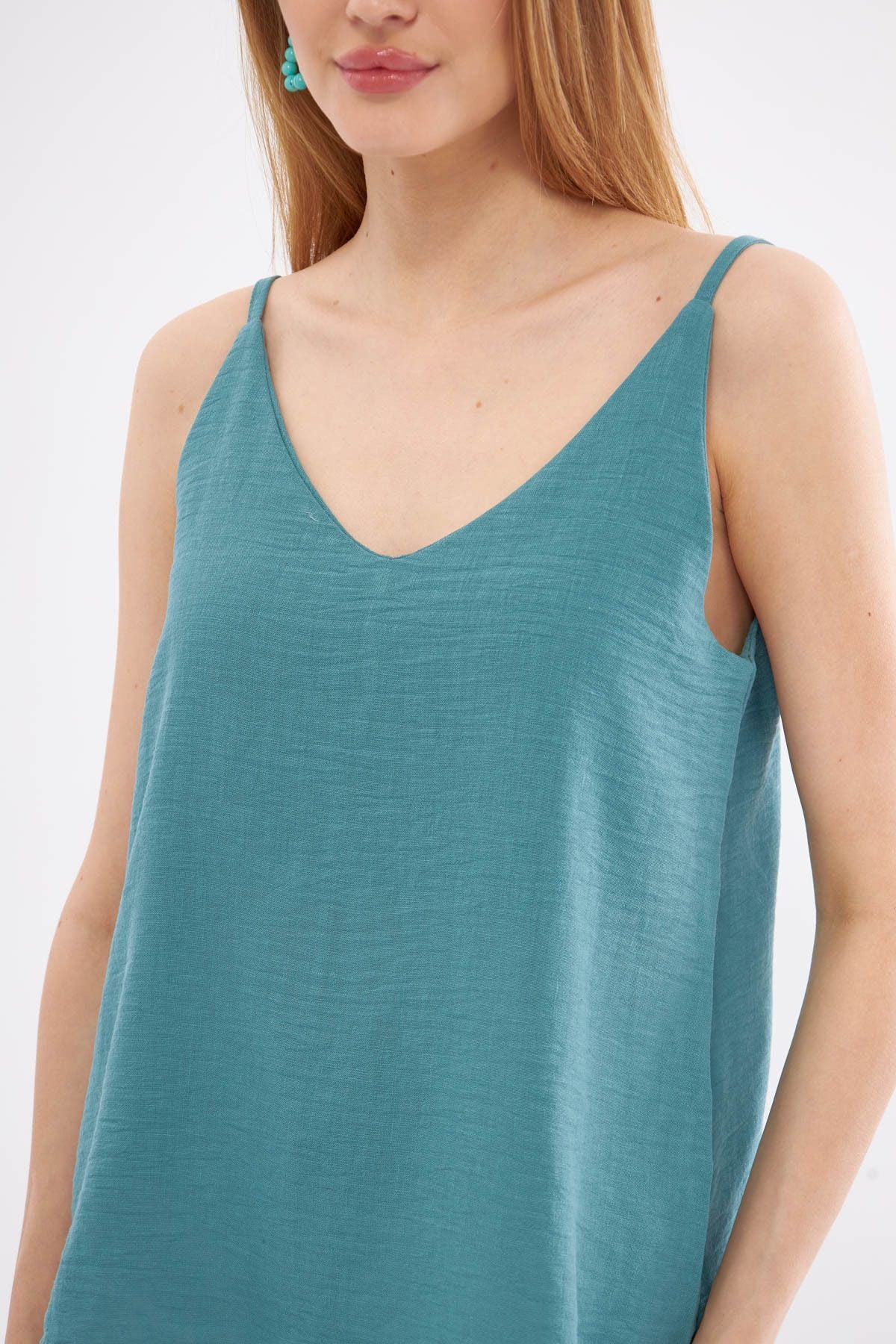 Women's Turquoise Linen Look Strap Blouse ARM-24Y001064