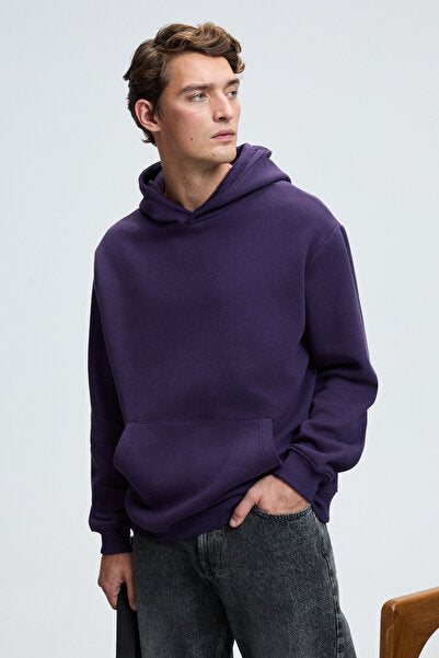 AMOS Men's Soft Fabric 3 Thread Oversize Hooded Purple Sweatshirt with Kangaroo Pocket