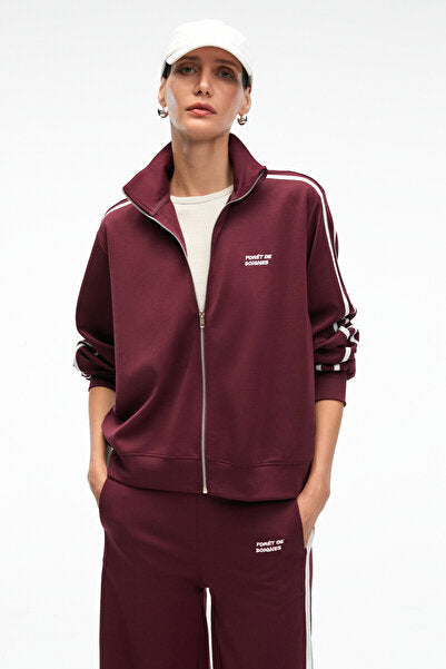 ZINNIE Women's Regular Embroidery and Side Stripe Detailed Metal Zipper Stand Collar Burgundy Jacket