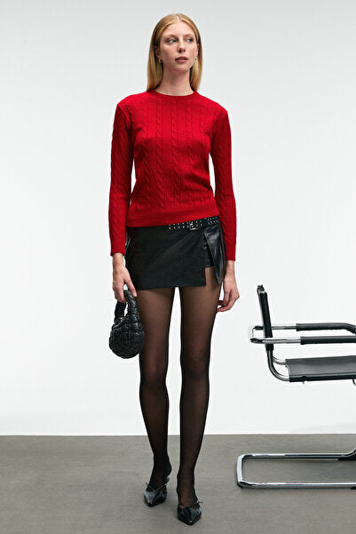 QUERIDA Women's Round Neck Braided Regular Fit Knitwear Red Sweater