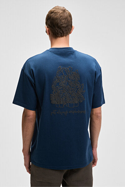 BENFICA Men's 100% Organic Cotton Print Detailed Oversize Short Sleeve Crew Neck Navy Blue T-Shirt