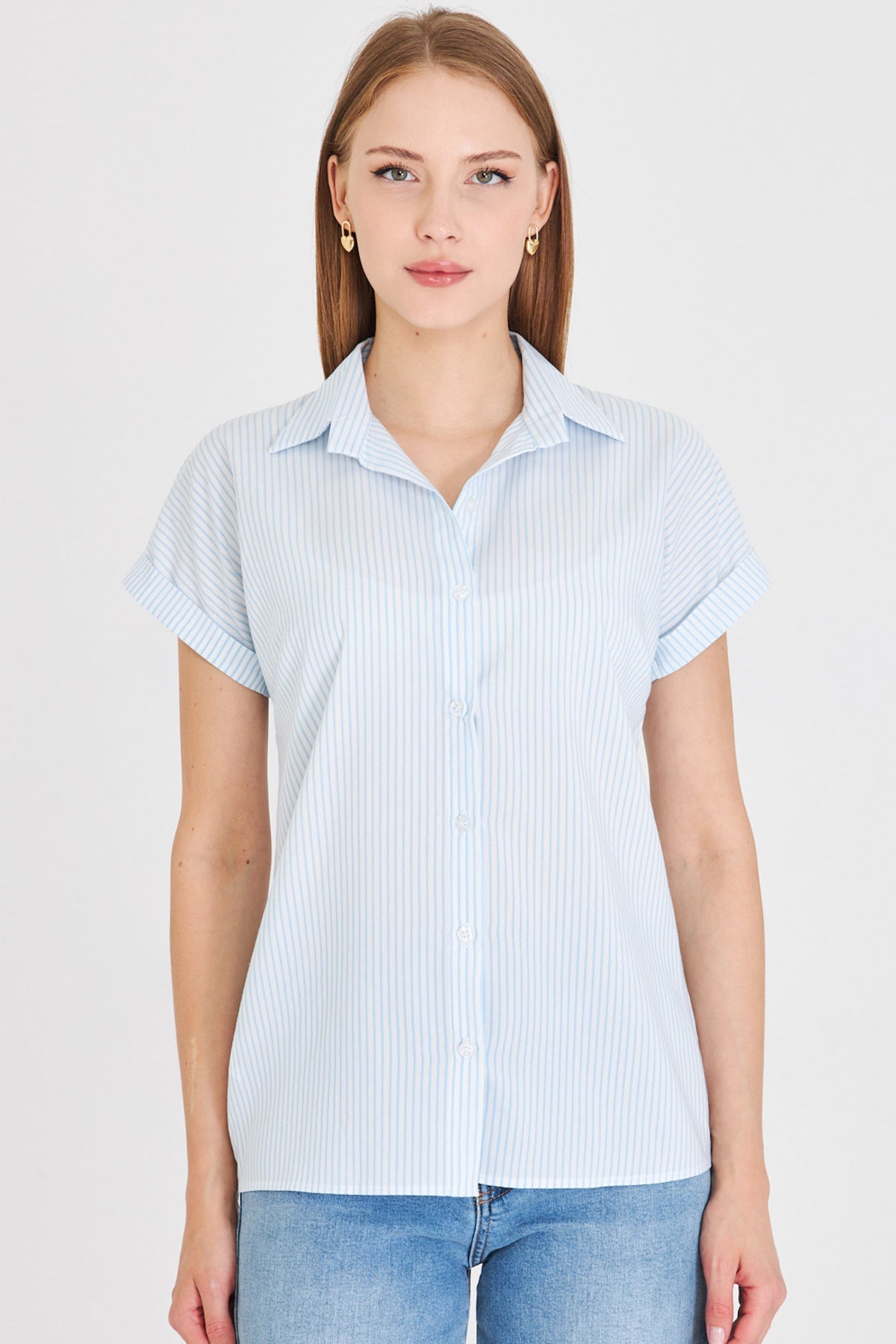 Women's Baby Blue Striped Short Sleeve Shirt ARM-25Y001059