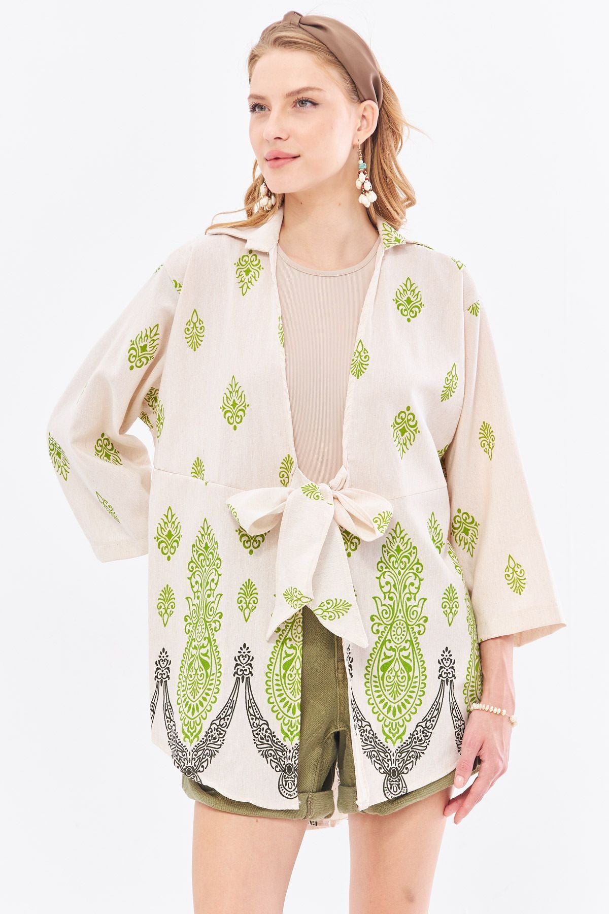 Women's Pistachio Green Patterned Linen Look Skirt with Watery Front Tie Kimono Shirt ARM-24Y001092