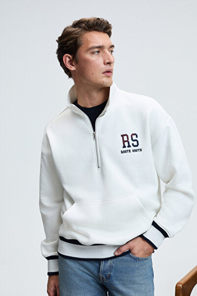 PLATA Men's Half Zipper Skirt with Kangaroo Pocket and Knitwear Detail on the Sleeve Relaxed Fit Ecru Sweatshirt