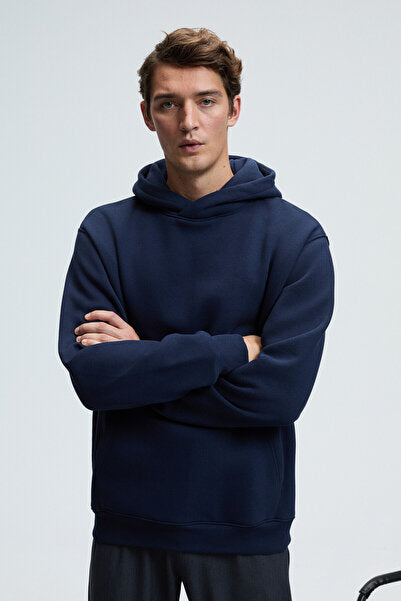 AMOS Men's Soft Fabric 3 Thread Oversize Hooded Kangaroo Pocket Navy Blue Sweatshirt