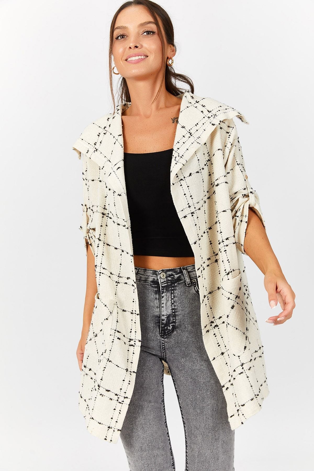 Women's White Plaid Loose Jacket with Pockets ARM-22Y001160