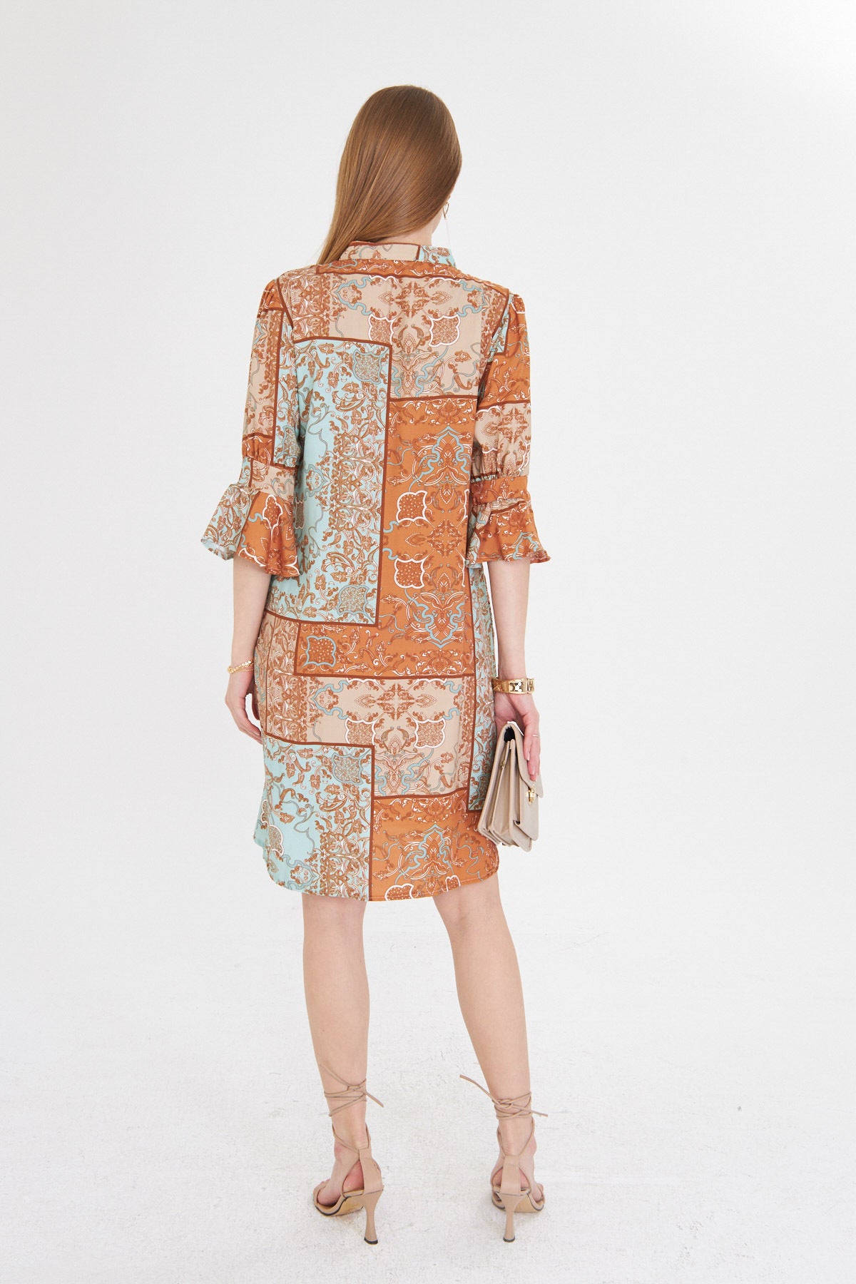 Women's Turquoise V-Neck Pleat Detailed Pocket Quarter Sleeve Dress ARM-25Y001029