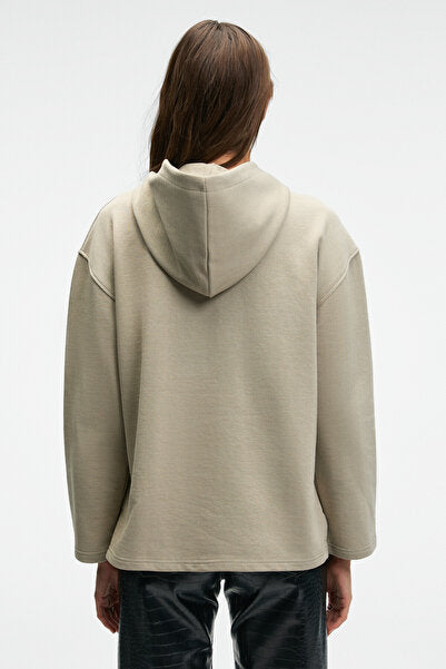 CAMELLIA Women's Front Embroidered Hem Slit Hooded Comfort Fit Stone Color Sweatshirt