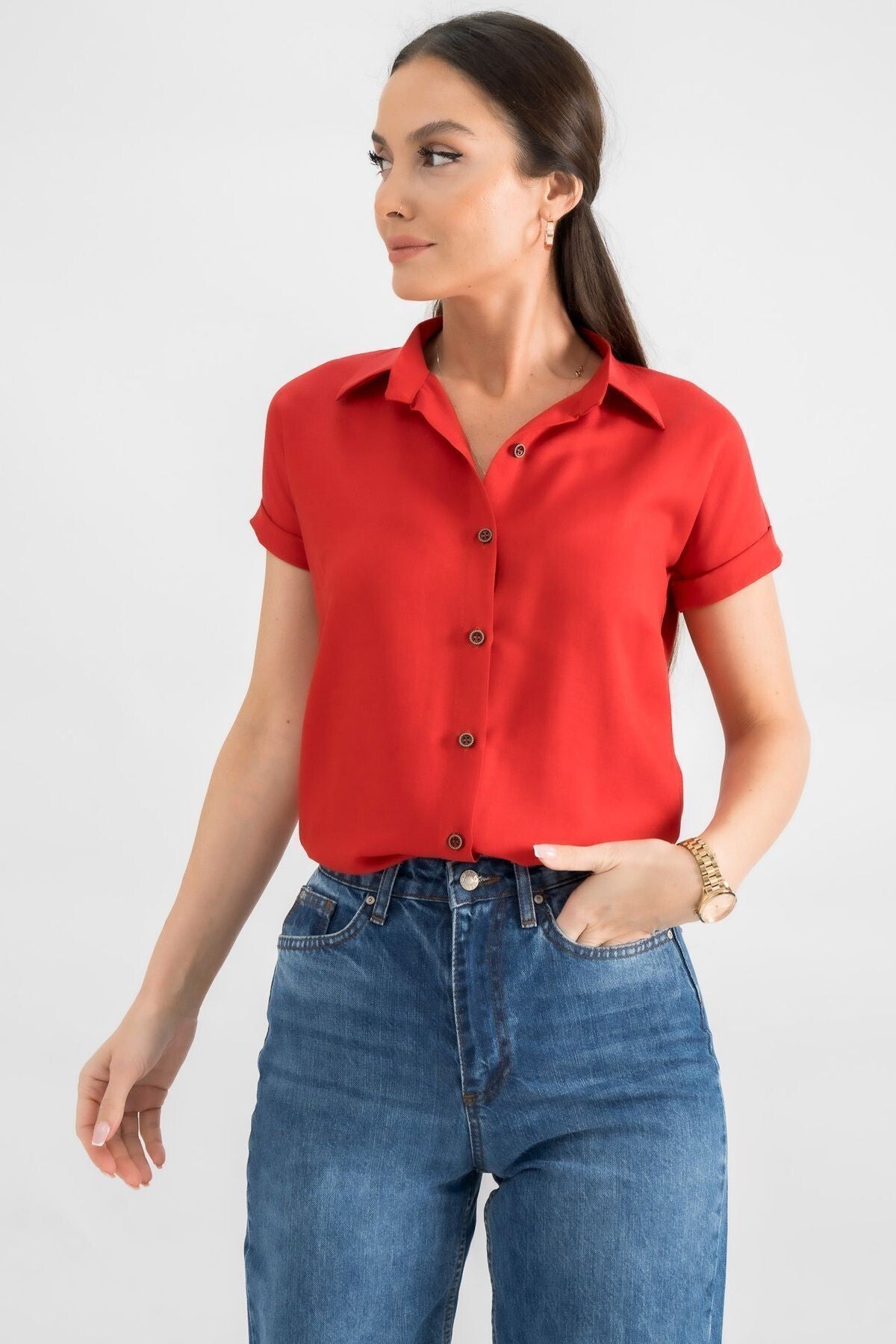Women's Red Short Sleeve Shirt ARM-19Y001065