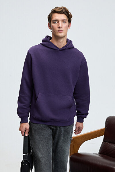 AMOS Men's Soft Fabric 3 Thread Oversize Hooded Purple Sweatshirt with Kangaroo Pocket