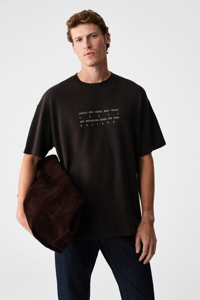 ANGLES Men's 100% Organic Cotton Printed Crew Neck Oversize Bitter Brown T-Shirt