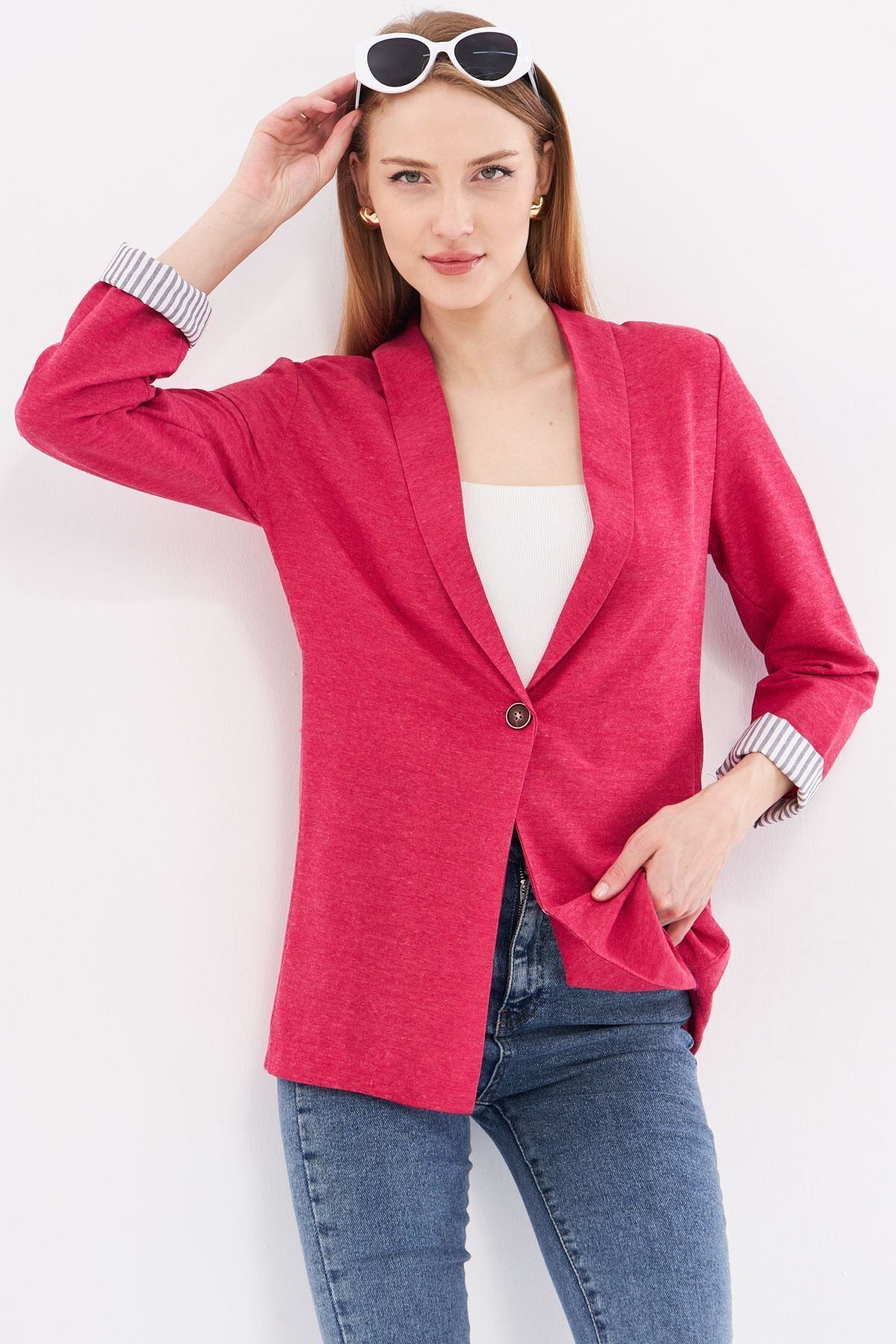 Women's Dark Fuchsia Striped Inside Sleeve Single Button Jacket ARM-22K001122