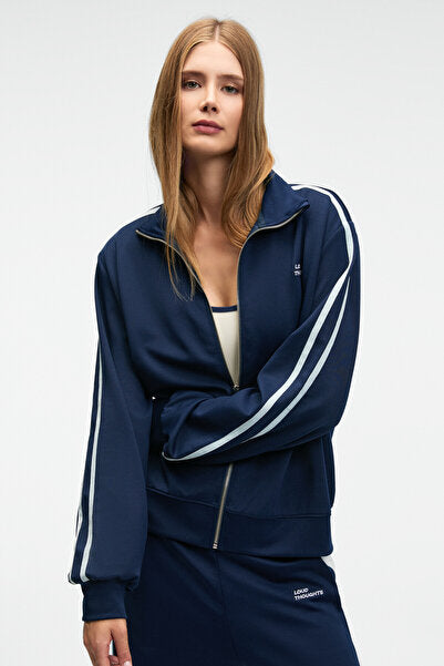 ZINNIE Women's Regular Embroidery and Side Stripe Detailed Metal Zipper High Collar Navy Blue Jacket