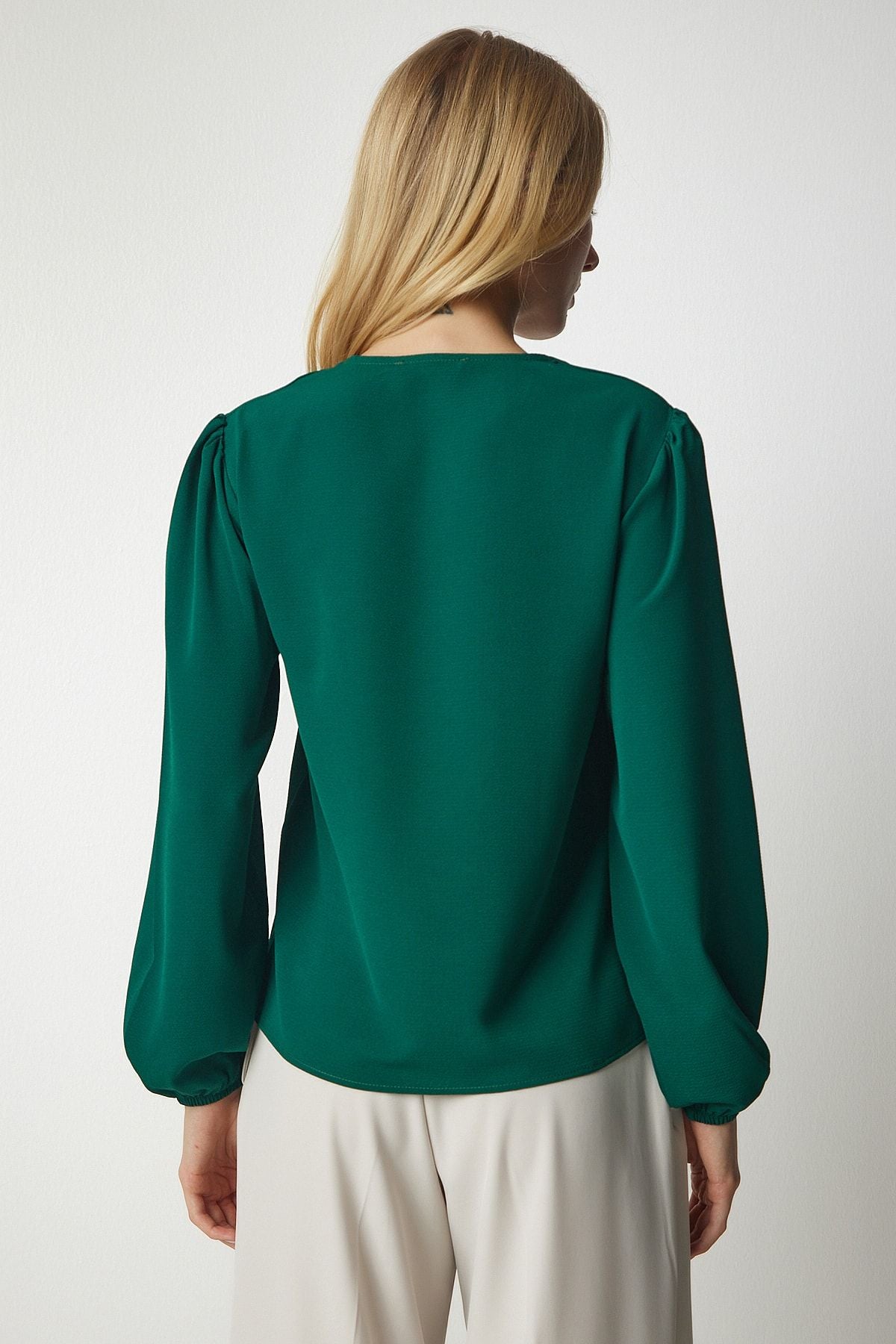 Female Emerald Green V -Neck Crepe Blouse UB00153