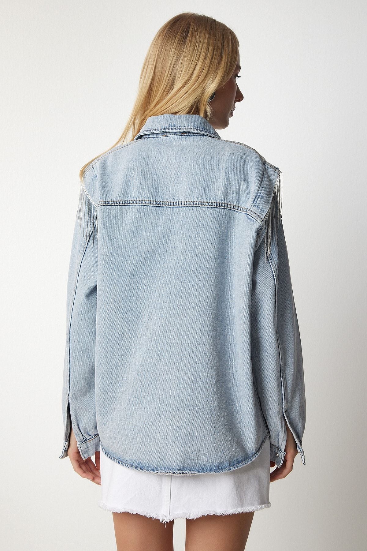 Woman Light Blue Chain Detail Denim Shirt Jacket RV00143