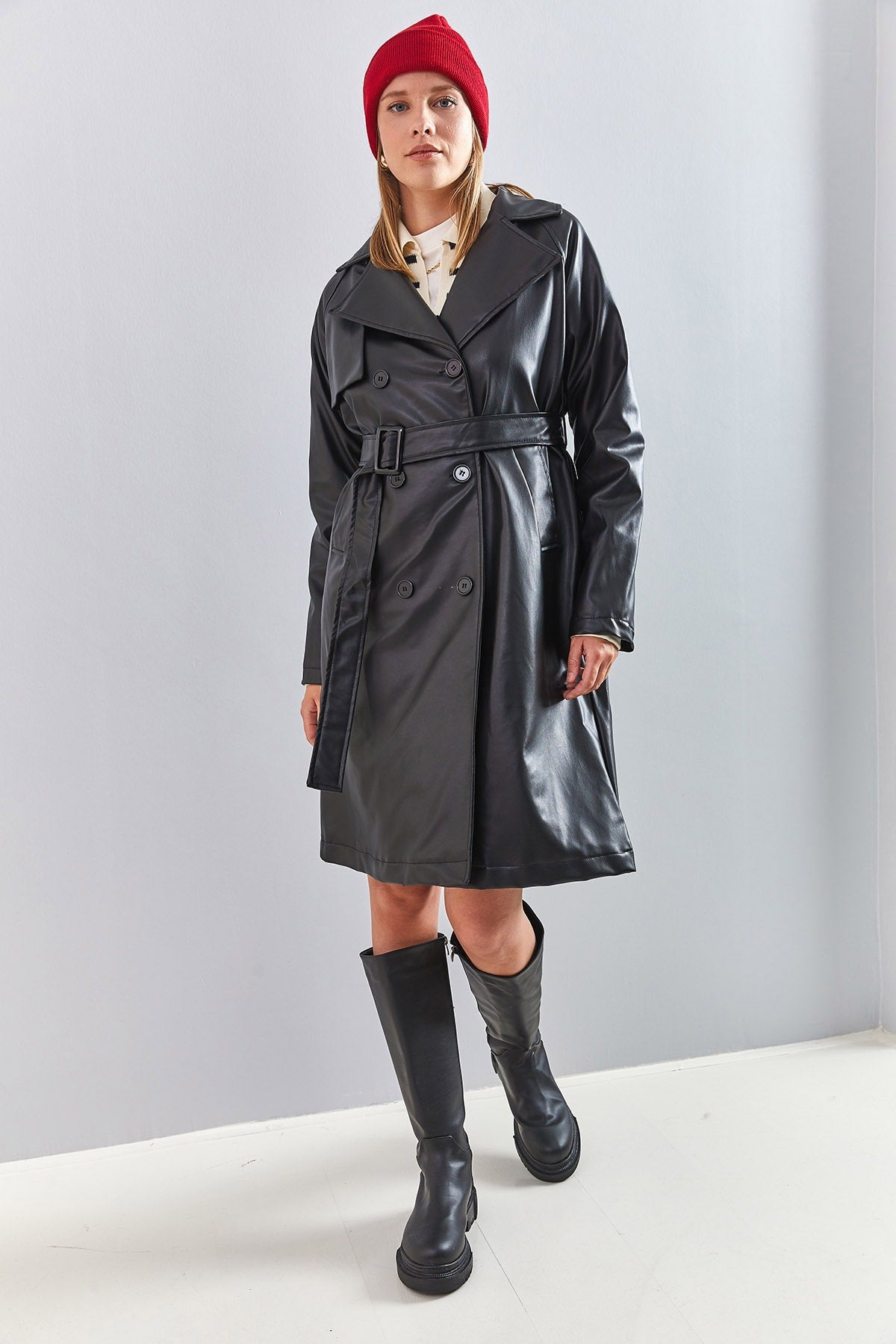 Women's 6 Button Belted Leather Overcoat 2246 40111011