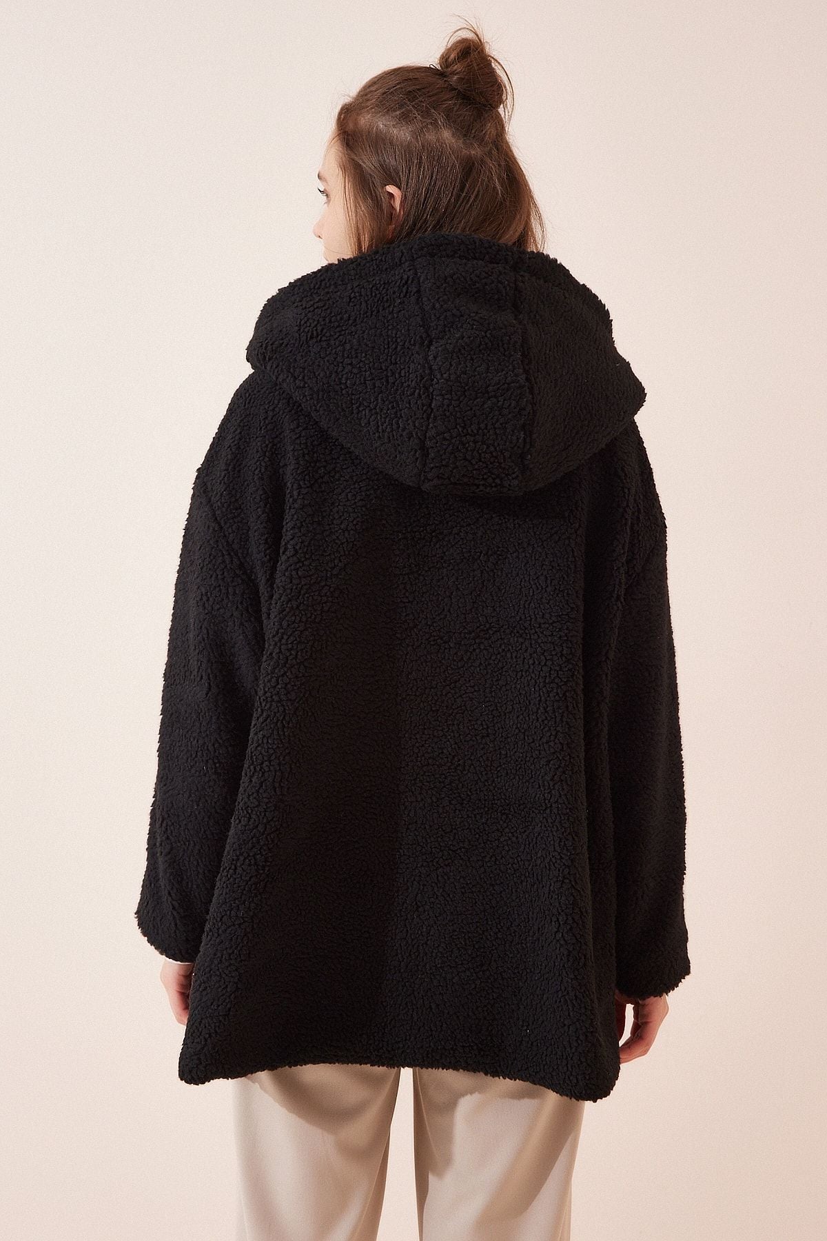 Female black hooded plush coat RV00087
