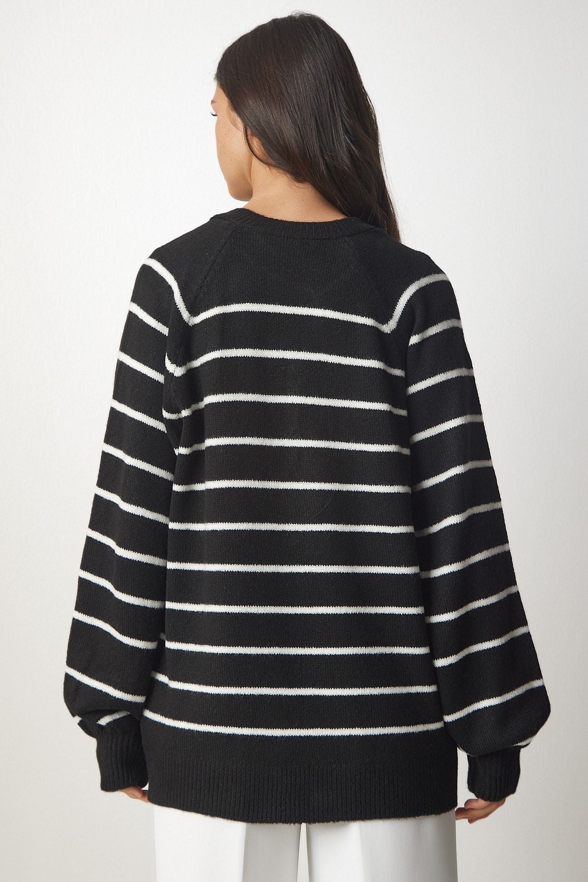 Female black button collar striped knitwear sweater LX00040