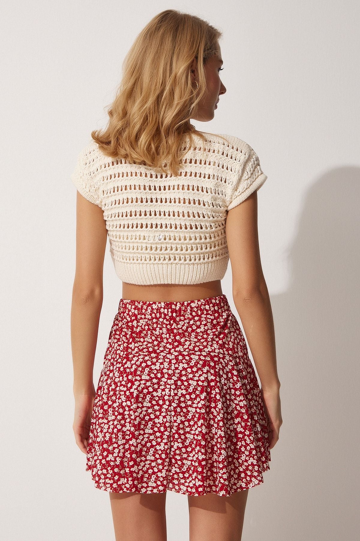 Woman Red Flower Patterned Mini Knitting Short Skirt CI00076