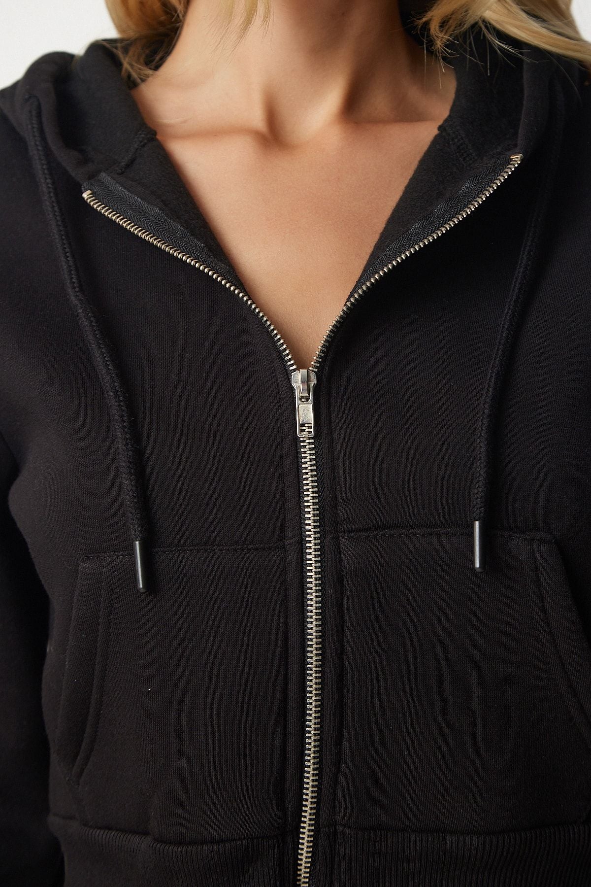 Female Black Hoped Zipper Crop Sweatshirt UB00136