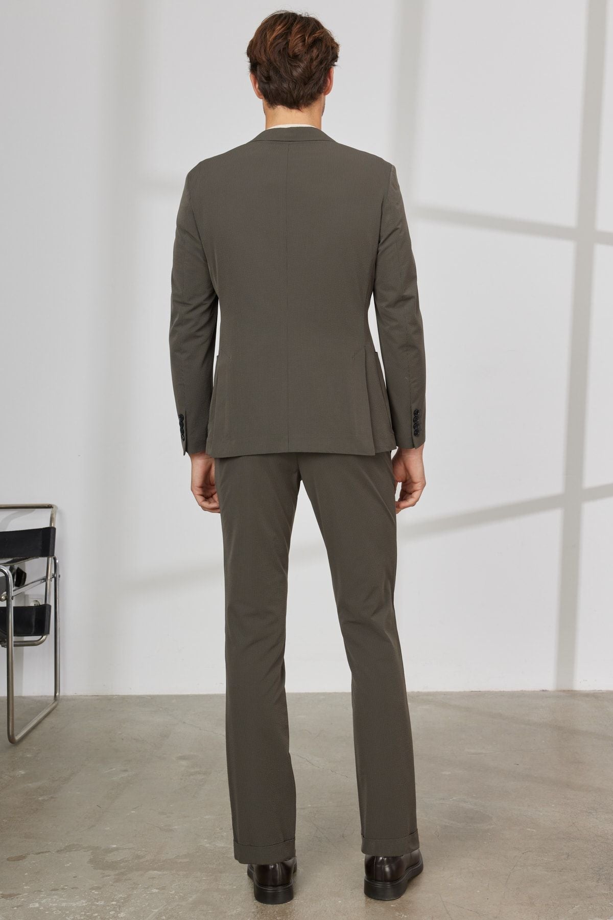 Men's Khaki Slim Fit Narrow Cut Swallow Collar Striped Suit