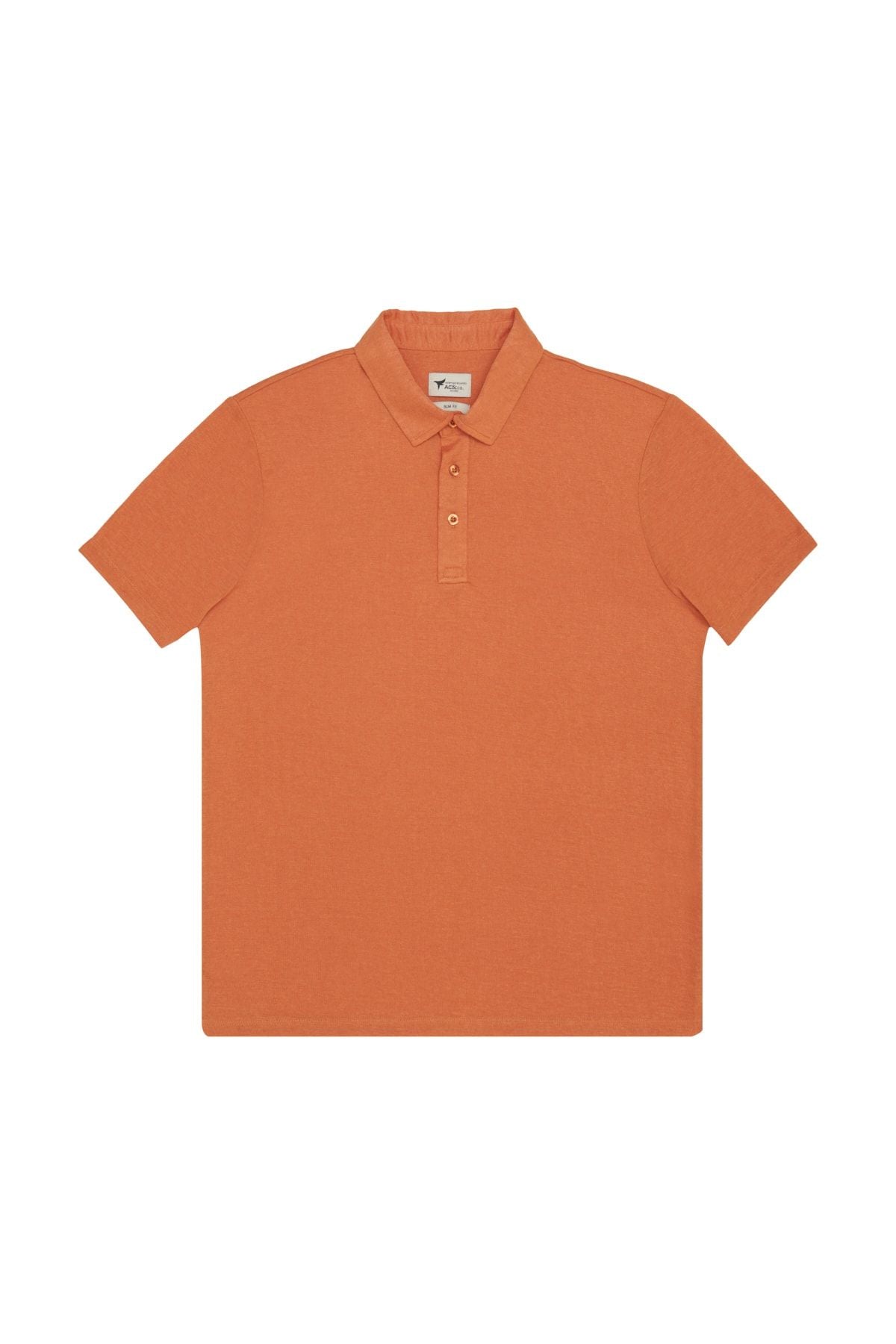 Men's orange slim fit narrow cut polo collar short sleeve linen -looking T -shirt