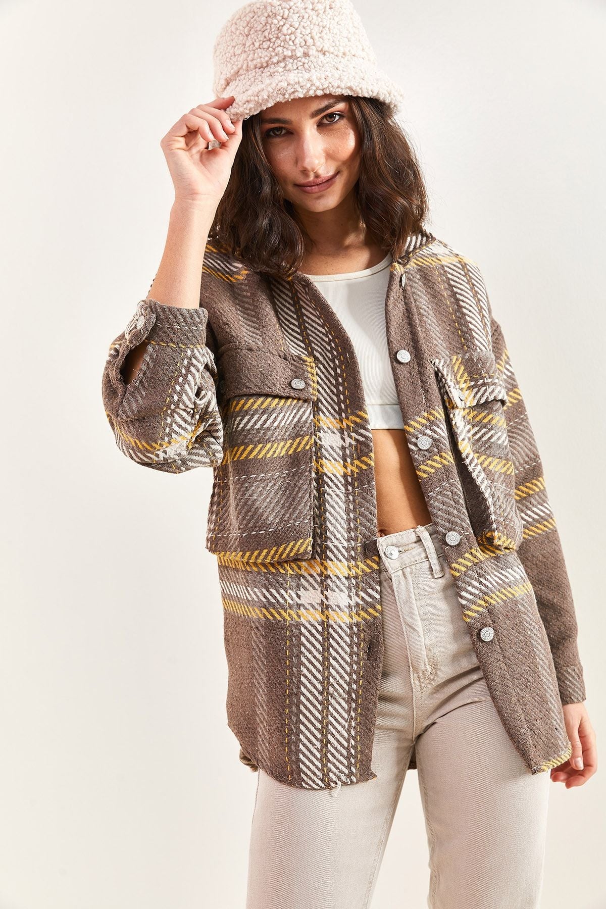 Woman Blind Cep Plaid Shirt 4594
