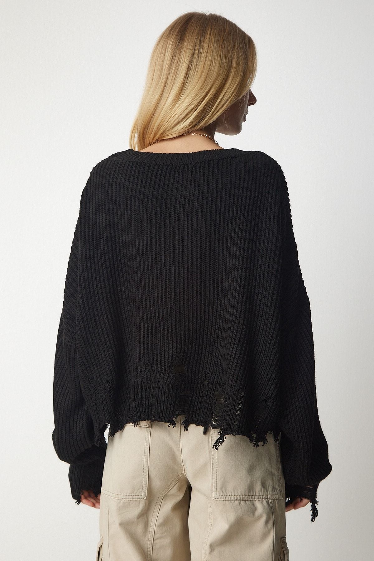 Women's black tear detailed overwhelm knitwear sweater ki00098