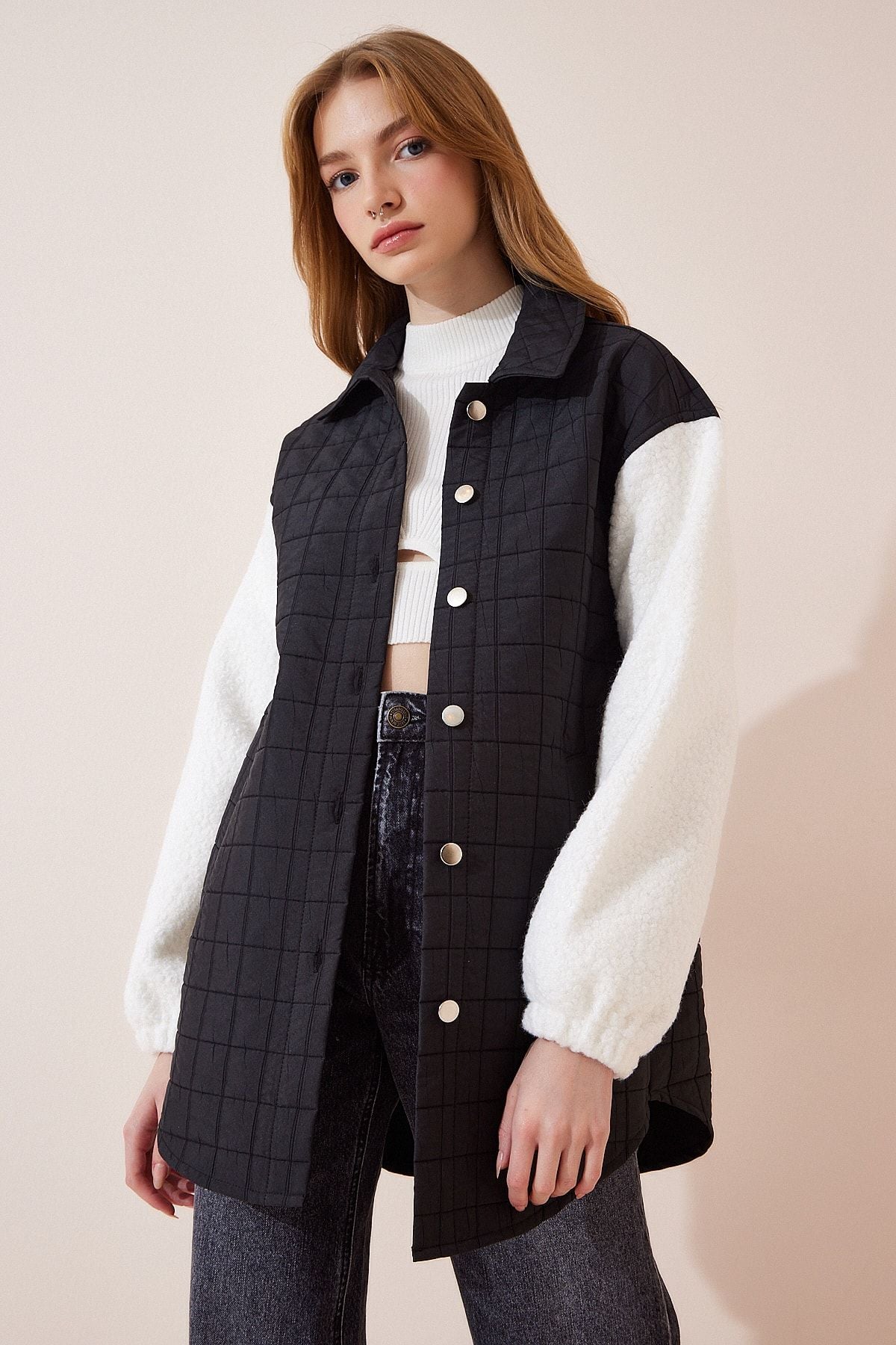 Female Black Polo Yaka Plush Arm Detail Jacket DD01146