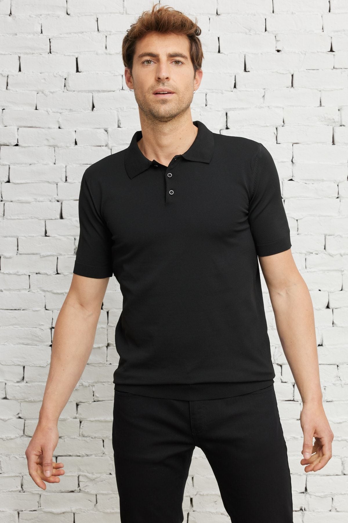 Men's Black Standard Fit Normal Cut Polico Triko T -shirt with short sleeves