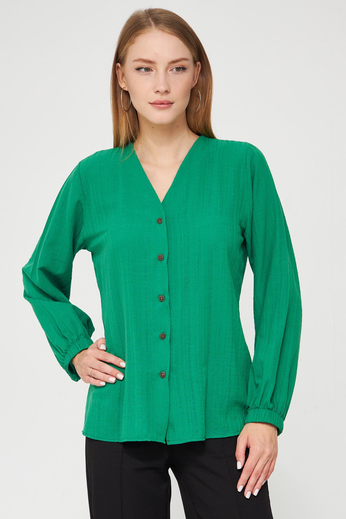 Women's Green Wrapped Shirt with Elastic Sleeves ARM-24K001002