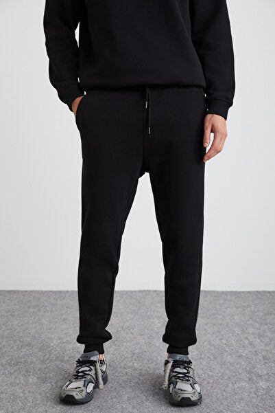 Adens Men's Regular Organic Cotton Premium Fabric Raised Elastic Leg Black Sweatpants