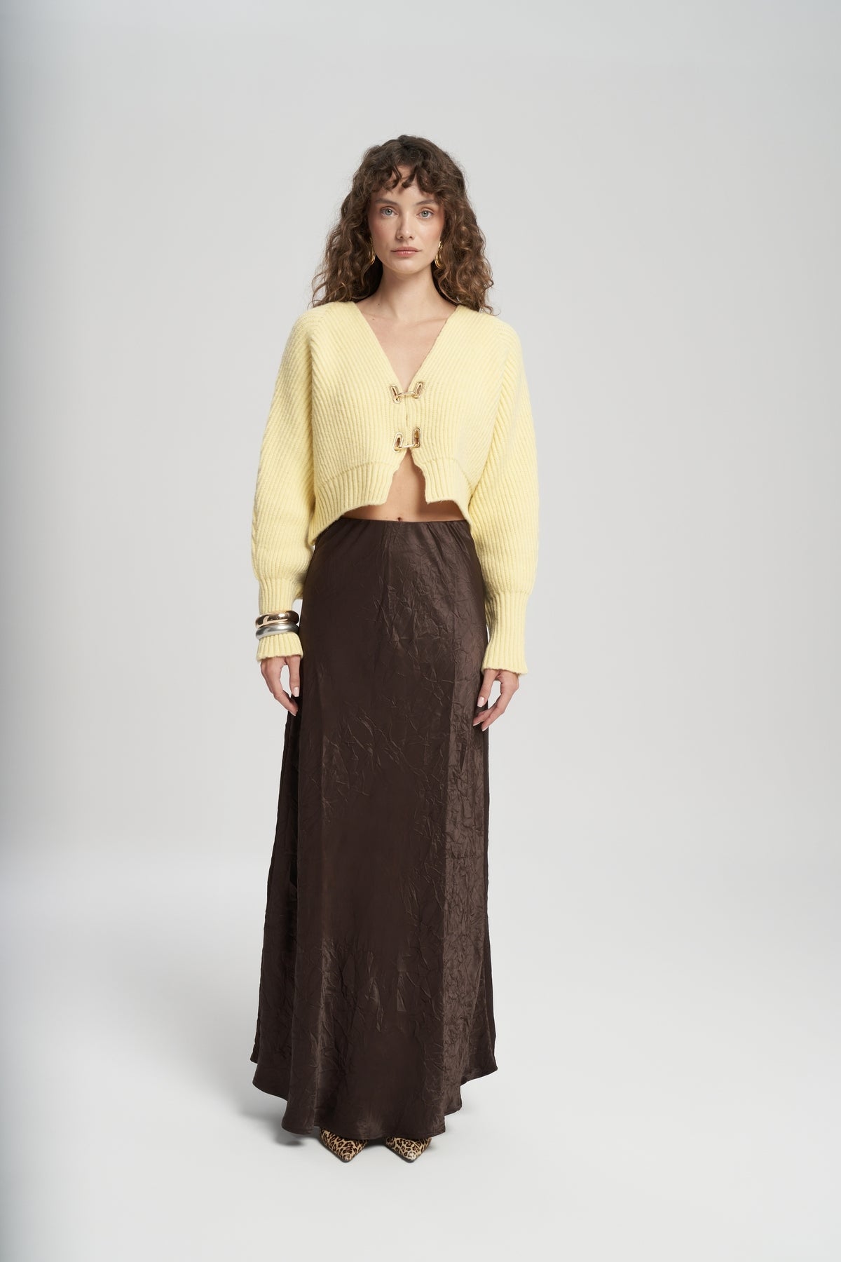 Eubah Wrinkled Long Brown Satin Skirt