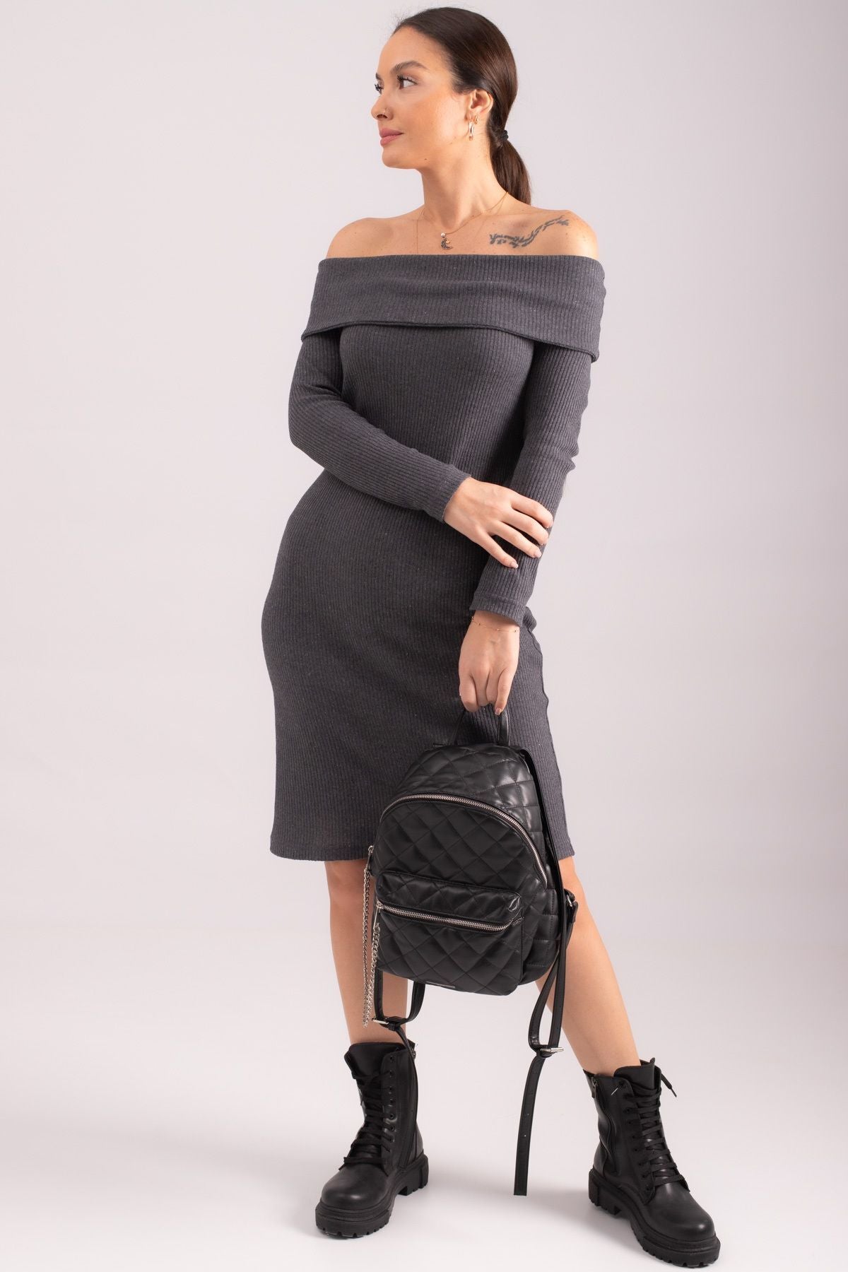 Women's Anthracite Madonna Collar Fitted Ribbed Camisole Dress ARM-24K001070