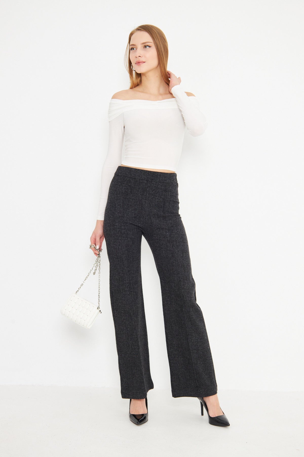 Women's Anthracite Elastic Waist Trousers with Iron Mark Stitching ARM-25K001058