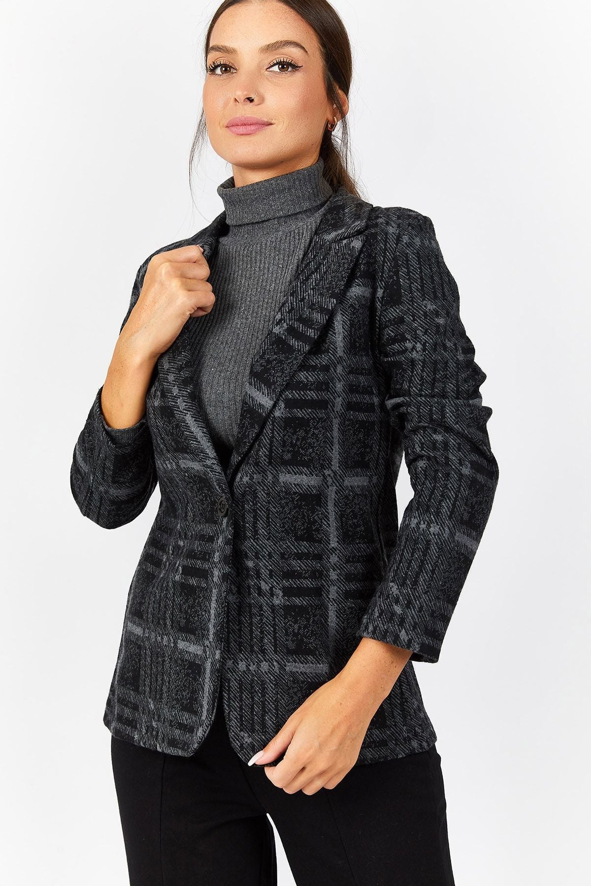 Women's Anthracite Plaid Pattern Single Button Jacket Arm-22Y001163