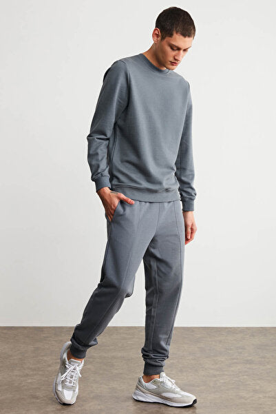 Fabian Men's Regular Fit Normal Cut Gray Sweatpants with Ribbed Drawstring on the Front and 3 Thread Raising Inside