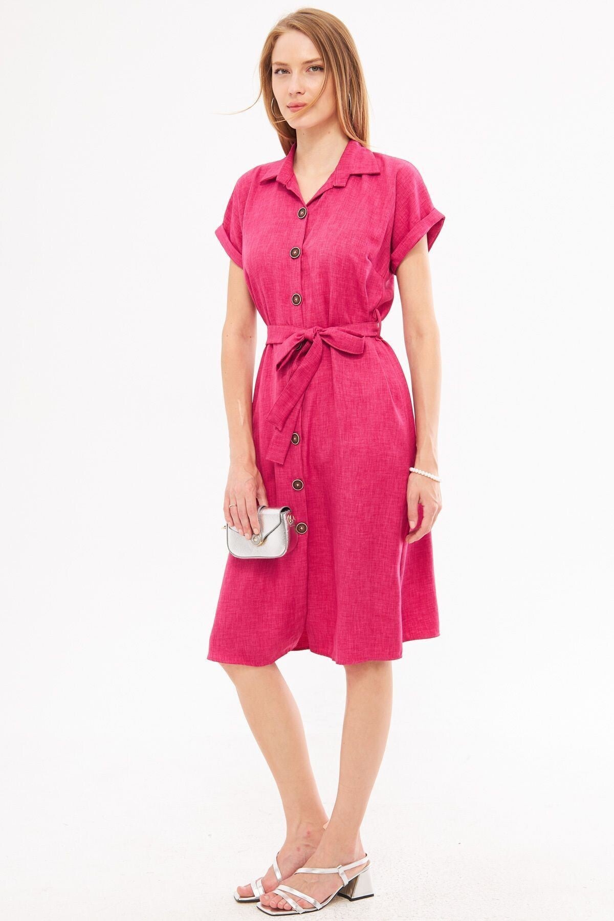 Women's Fuchsia Linen Look Belted Short Sleeve Shirt Dress ARM-24Y001084