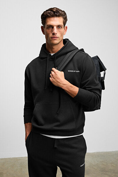 MARSHALLHOODIE Men's Cotton Relaxed Black Tracksuit Set with Fleece Embroidery