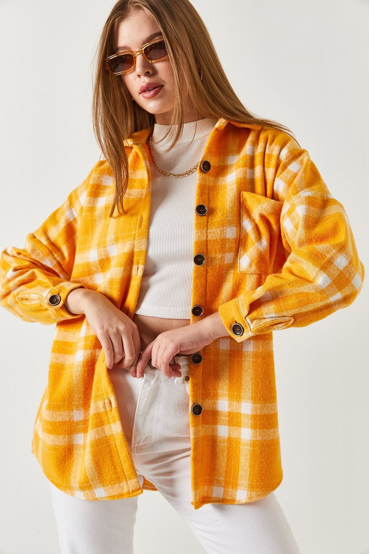 Women's Yellow Plaid Pattern Oversize Pocket Shirt ARM-22Y001199