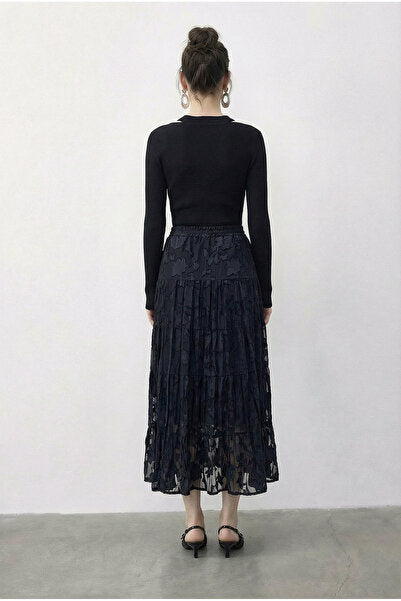 Women's Elastic Waist Self Patterned Lined Midi Skirt 355 60286035