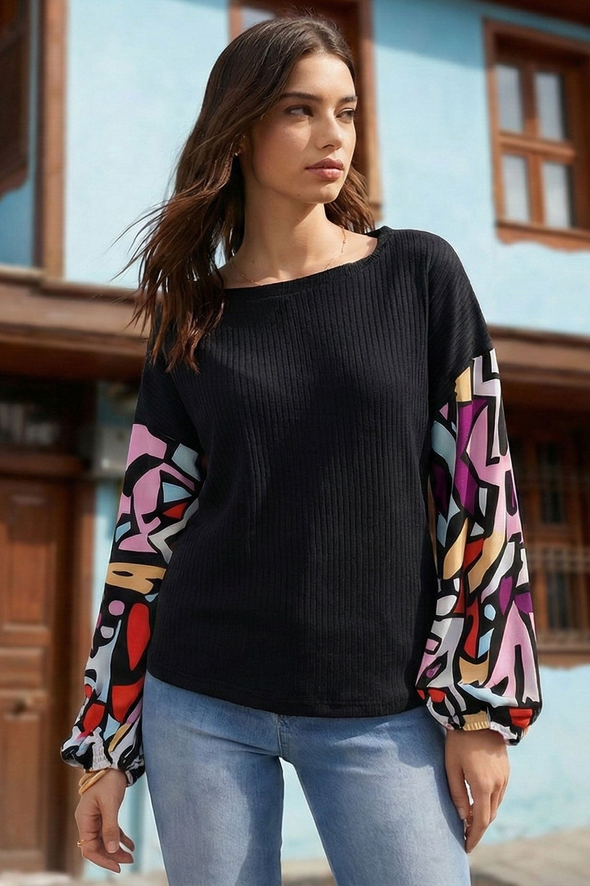 Women's Anthracite Sleeve Colored Casual Blouse ARM-20K001085