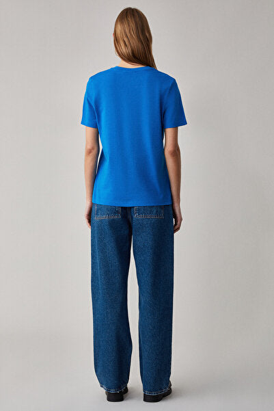 ALINE Women's 100% Organic Cotton Deep V-Neck Comfort Fit Parliament Blue T-Shirt