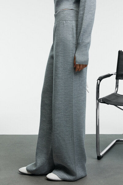 MARIPOSA Women's Round Neck Stripe Patterned Crop Wide Leg Knitwear Grimelange Bottom-Top Set