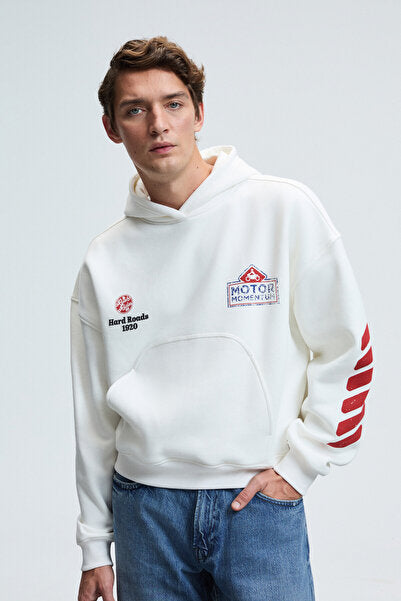 ABISMO Men's Hooded Kangaroo Pocket Sleeves and Back Printed Relaxed Fit White Sweatshirt